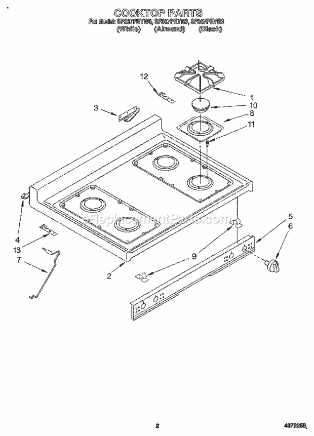 Whirlpool SF367PEYW3 Freestanding Gas Range Cooktop Diagram