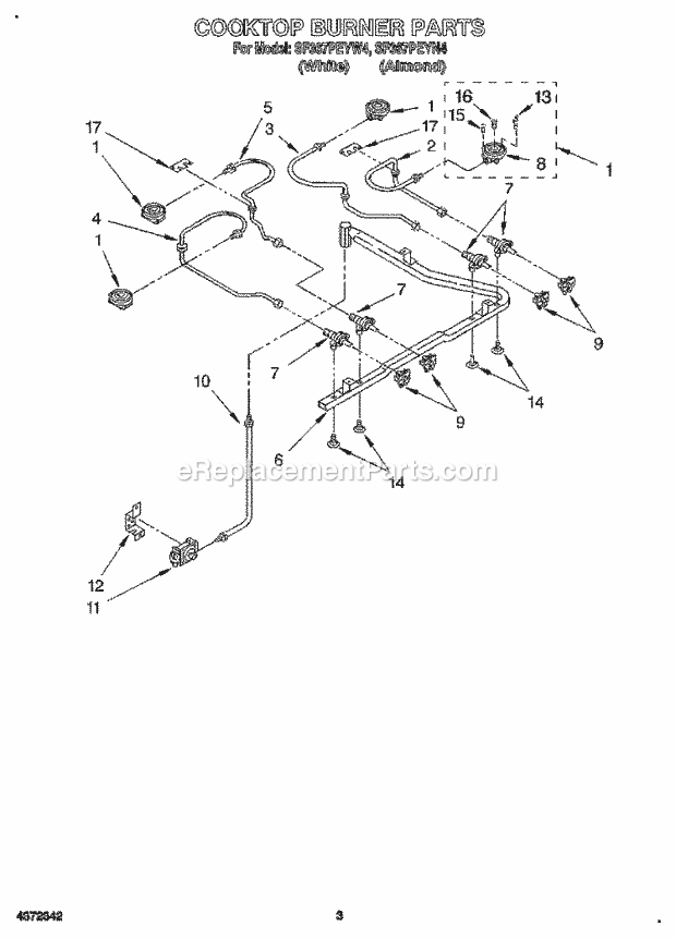 Whirlpool SF367PEYW4 Freestanding Gas Range Cooktop Burner Diagram