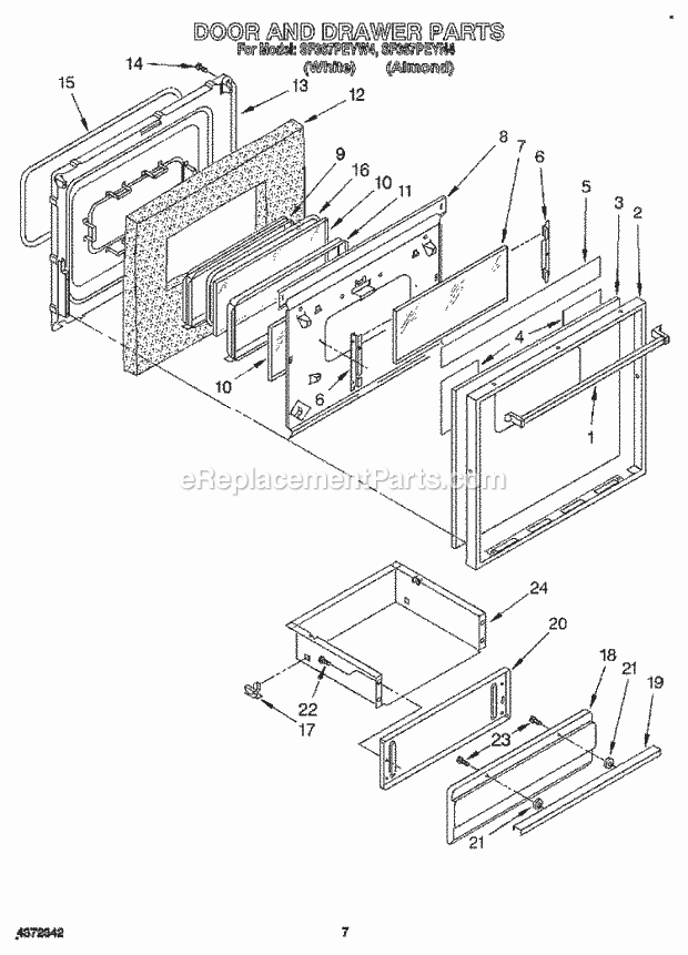 Whirlpool SF367PEYW4 Freestanding Gas Range Door and Drawer Diagram