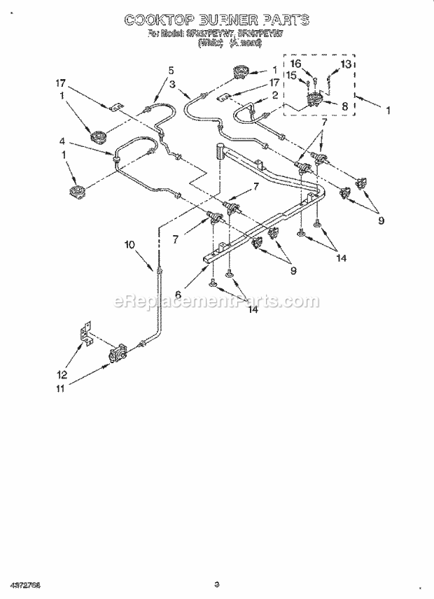 Whirlpool SF367PEYW7 Freestanding Gas Range Cooktop Burner Diagram