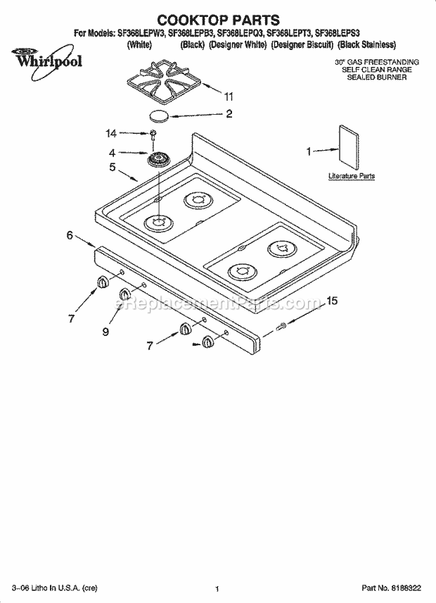 Whirlpool SF368LEPS3 Freestanding Gas Range Cooktop Parts Diagram