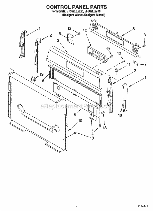 Whirlpool SF369LEMQ0 Freestanding Gas Range Control Panel Parts Diagram