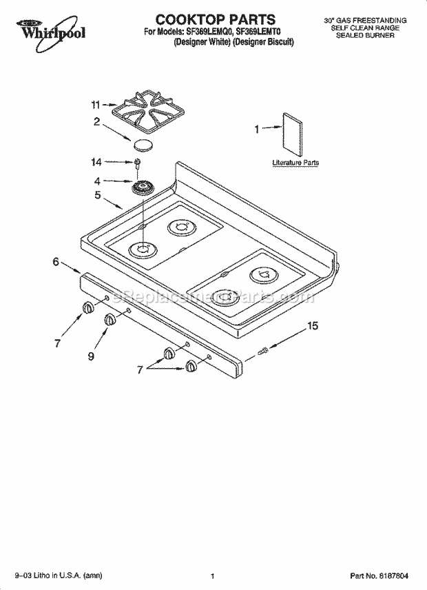 Whirlpool SF369LEMQ0 Freestanding Gas Range Cooktop Parts Diagram