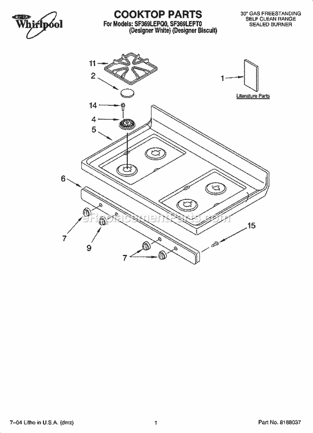 Whirlpool SF369LEPQ0 Freestanding Gas Range Cooktop Parts Diagram