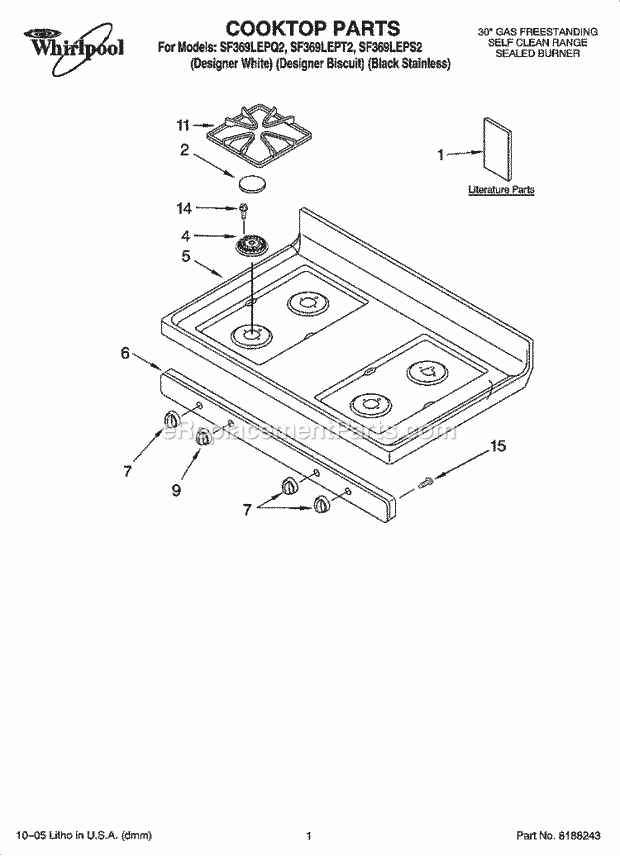 Whirlpool SF369LEPT2 Freestanding Gas Range Cooktop Parts Diagram