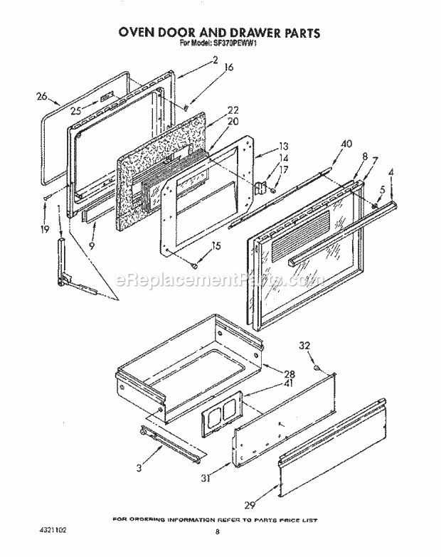 Whirlpool SF370PEWN1 Range Oven Door and Drawer Diagram