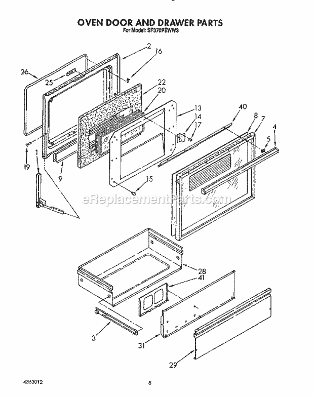 Whirlpool SF370PEWN3 Range Oven Door and Drawer Diagram