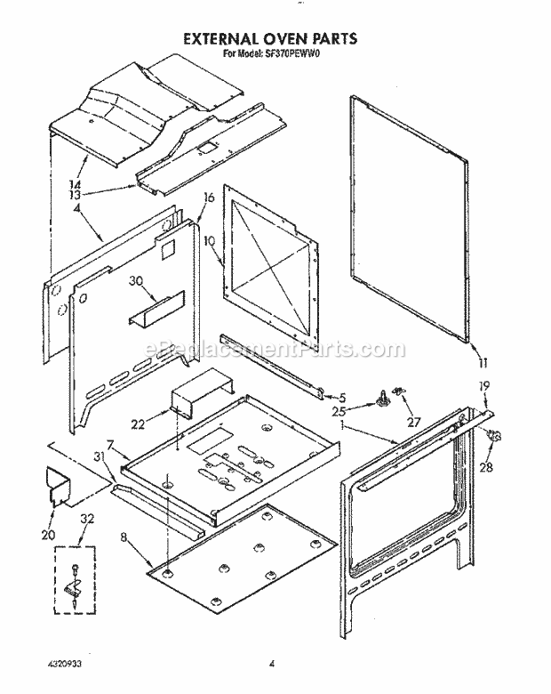 Whirlpool SF370PEWW0 Gas Range External Oven Diagram