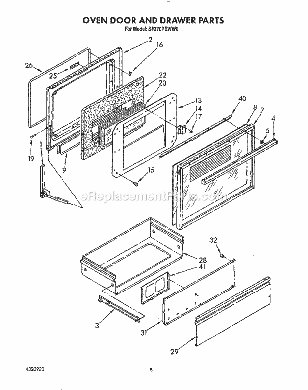 Whirlpool SF370PEWW0 Gas Range Oven Door and Drawer Diagram