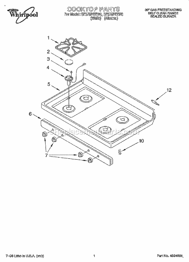 Whirlpool SF375PEEW0 Gas Range and Oven Cooktop Diagram