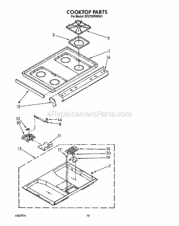 Whirlpool SF375PEWW3 Gas Range Cooktop Diagram