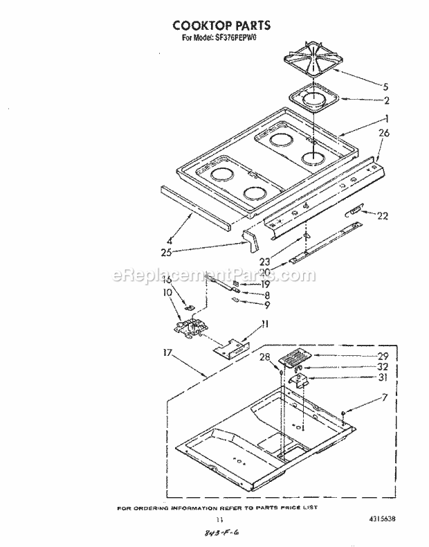 Whirlpool SF376PEPW0 Gas Range Cook Top Diagram