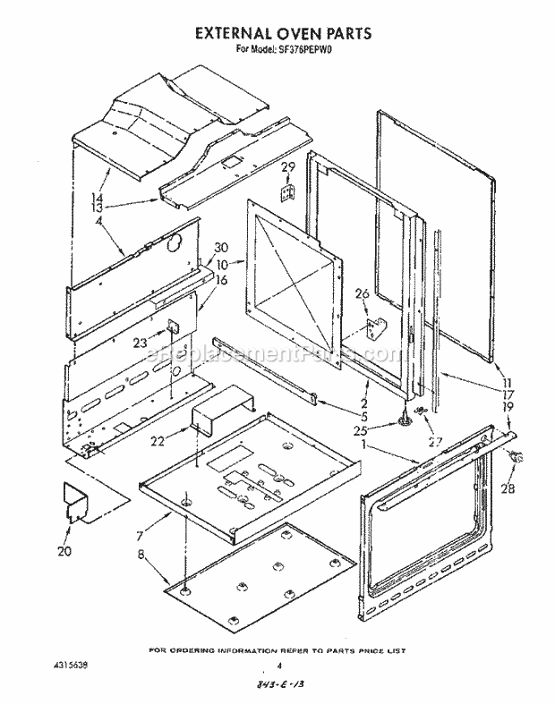 Whirlpool SF376PEPW0 Gas Range External Oven Diagram