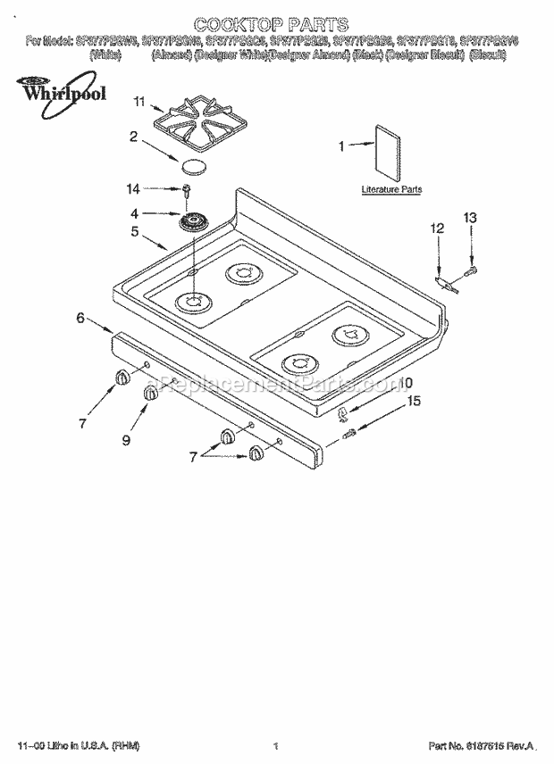 Whirlpool SF377PEGB6 Freestanding Gas Range Cooktop, Literature Diagram