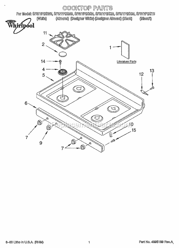 Whirlpool SF377PEGN5 Freestanding Gas Range Cooktop, Literature Diagram