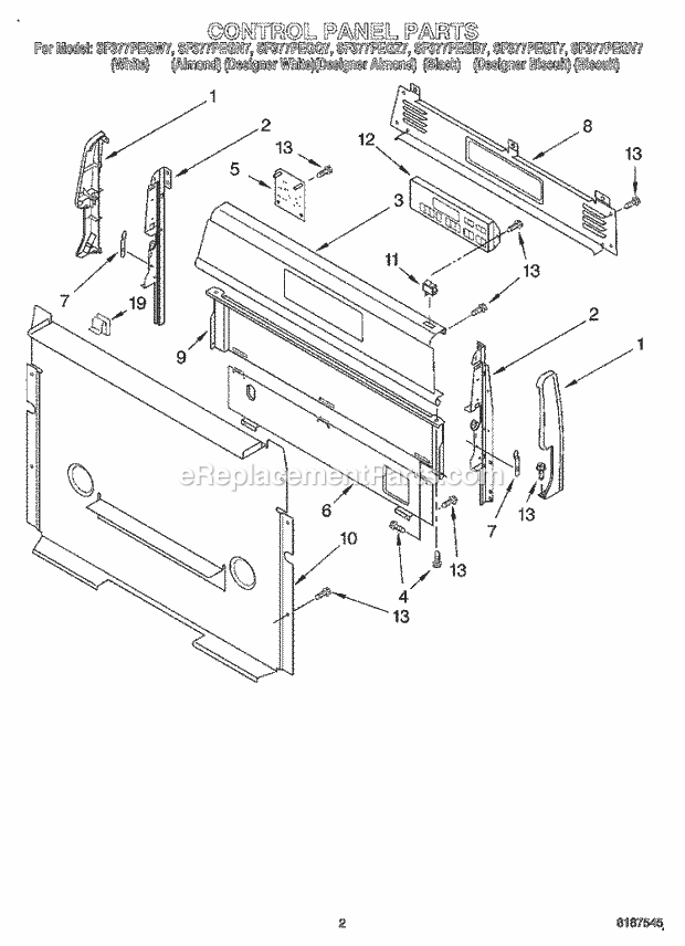 Whirlpool SF377PEGN7 Freestanding Gas Range Control Panel Diagram