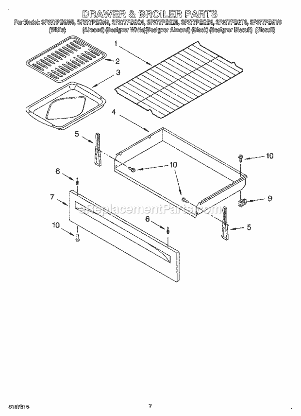 Whirlpool SF377PEGT6 Freestanding Gas Range Drawer & Broiler Diagram