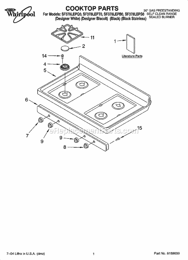 Whirlpool SF378LEPQ0 Freestanding Gas Range Cooktop Parts Diagram