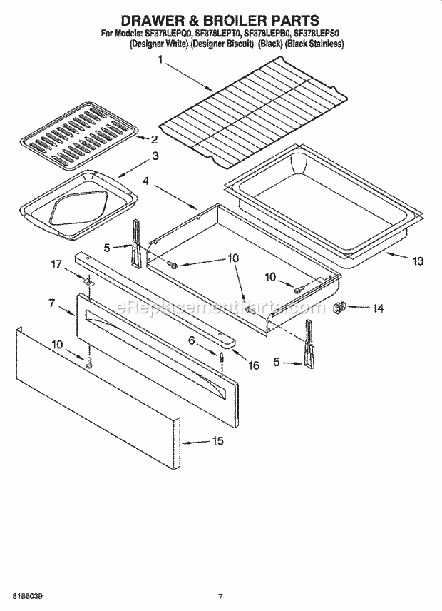 Whirlpool SF378LEPQ0 Freestanding Gas Range Drawer & Broiler Parts Diagram