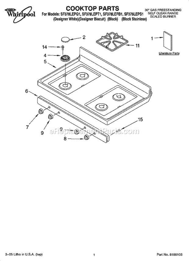 Whirlpool SF378LEPT1 Freestanding Gas Range Cooktop Parts Diagram