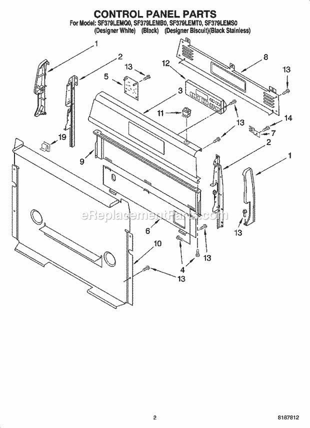 Whirlpool SF379LEMB0 Freestanding Gas Range Control Panel Parts Diagram