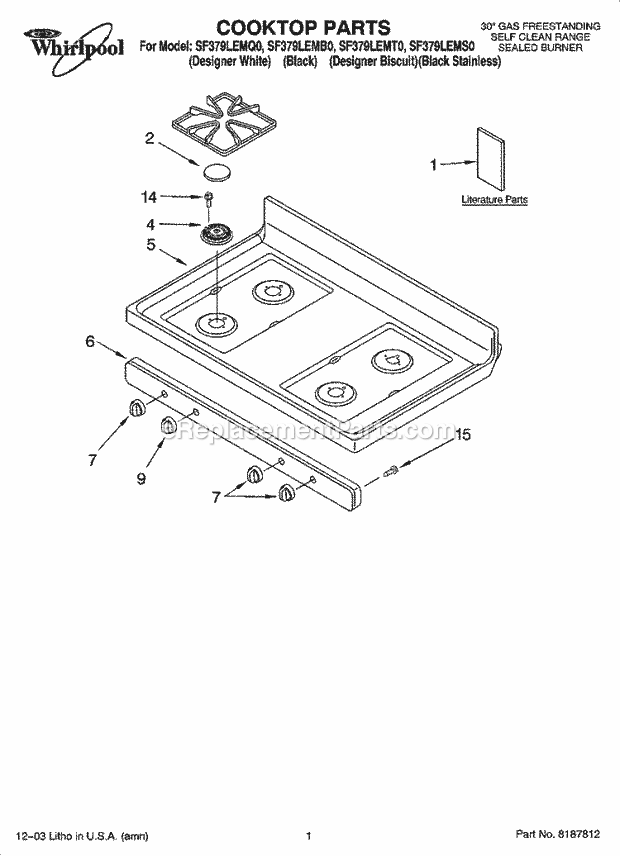 Whirlpool SF379LEMB0 Freestanding Gas Range Cooktop Parts Diagram