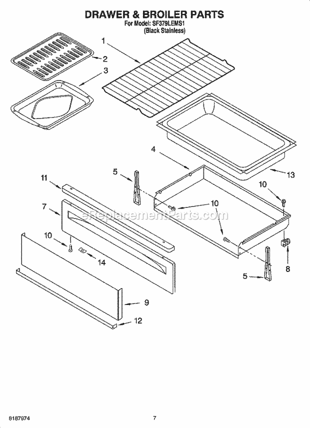 Whirlpool SF379LEMS1 Freestanding Gas Range Drawer & Broiler Parts Diagram