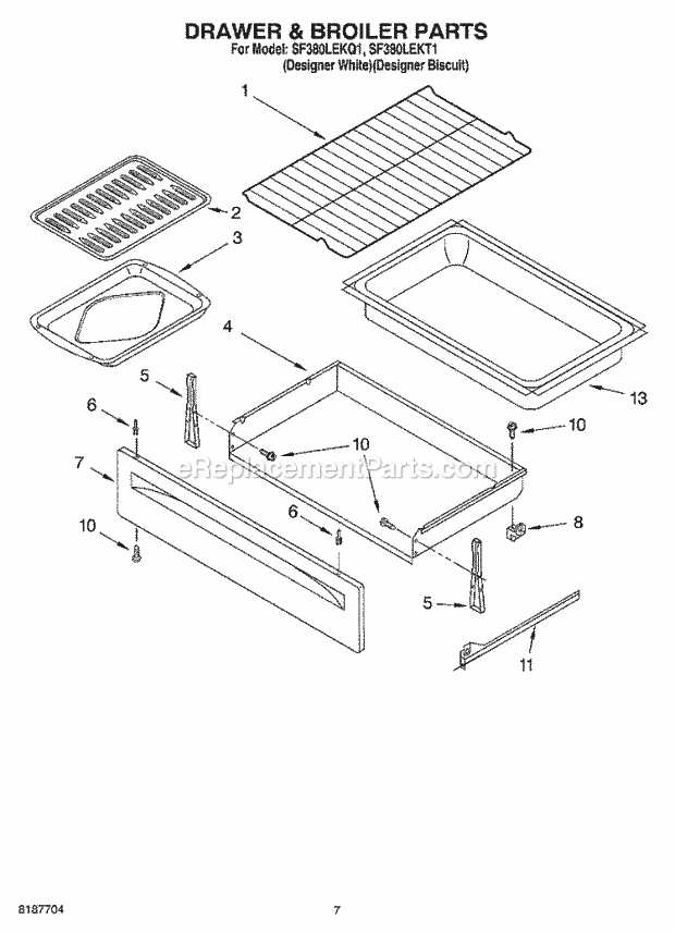 Whirlpool SF380LEKT1 Freestanding Gas Range Drawer & Broiler Parts Diagram