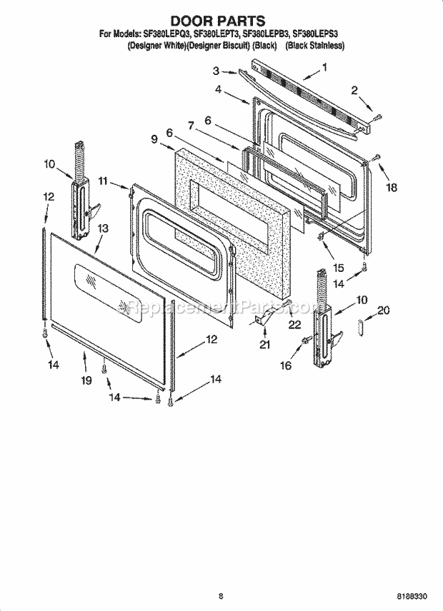 Whirlpool SF380LEPB3 Freestanding Gas Range Door Parts, Optional Parts Diagram