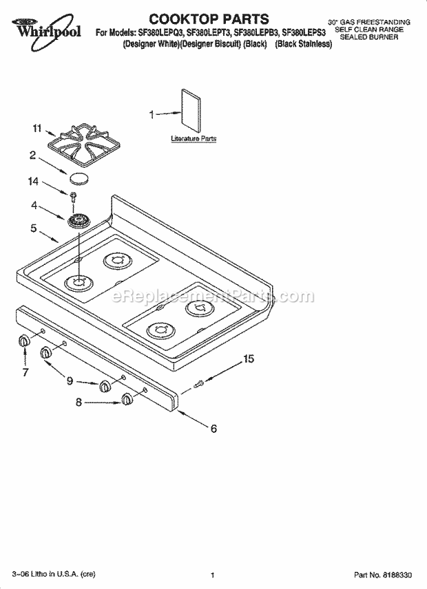 Whirlpool SF380LEPQ3 Freestanding Gas Range Cooktop Parts Diagram