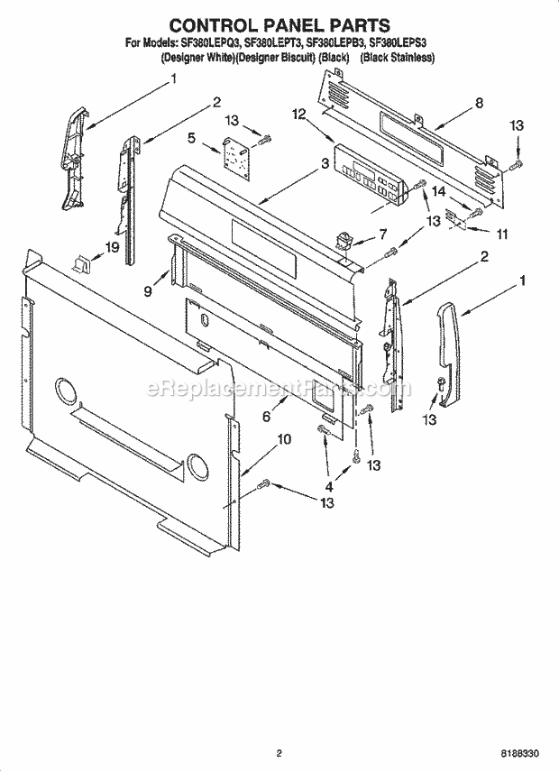 Whirlpool SF380LEPT3 Freestanding Gas Range Control Panel Parts Diagram