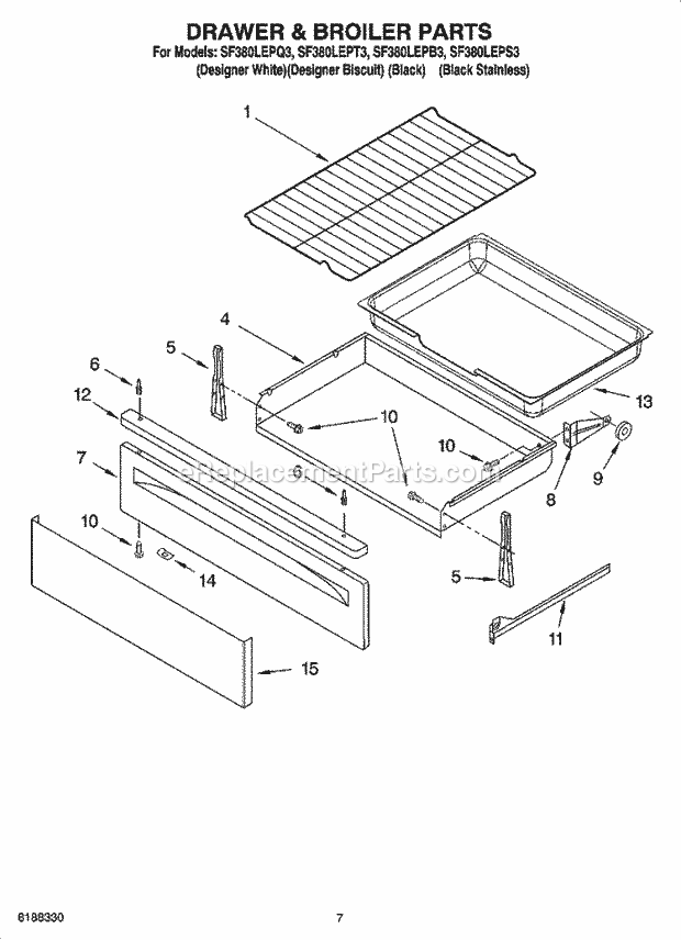 Whirlpool SF380LEPT3 Freestanding Gas Range Drawer & Broiler Parts Diagram