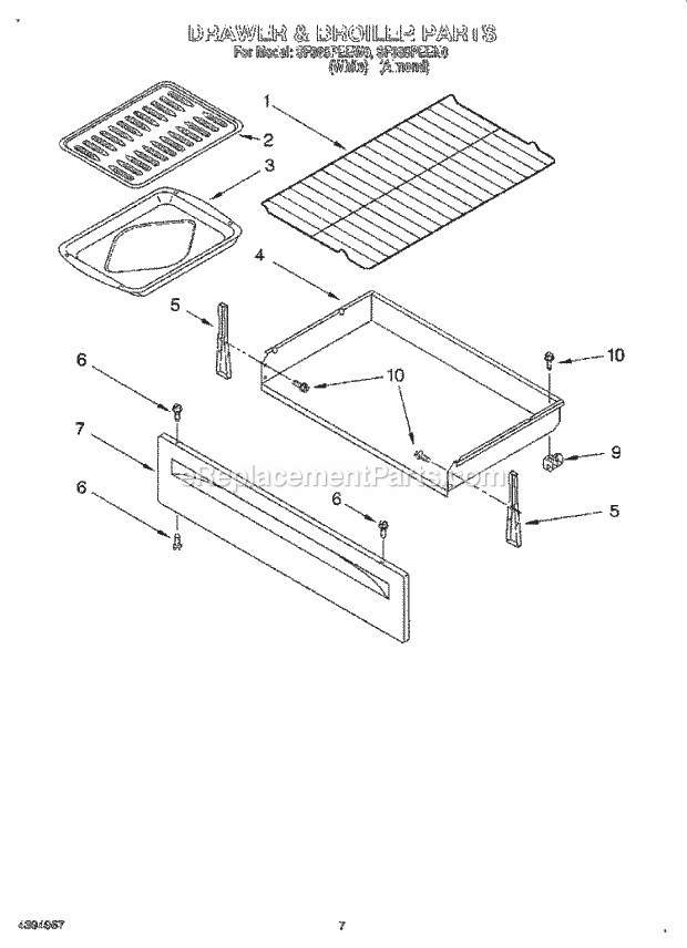 Whirlpool SF385PEEW0 Freestanding Gas Range Drawer and Broiler Diagram