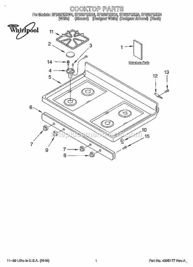 Whirlpool SF385PEGB4 Freestanding Gas Range Cooktop, Literature Diagram