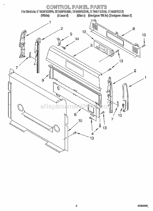 Whirlpool SF385PEGN0 Freestanding Gas Range Control Panel Diagram