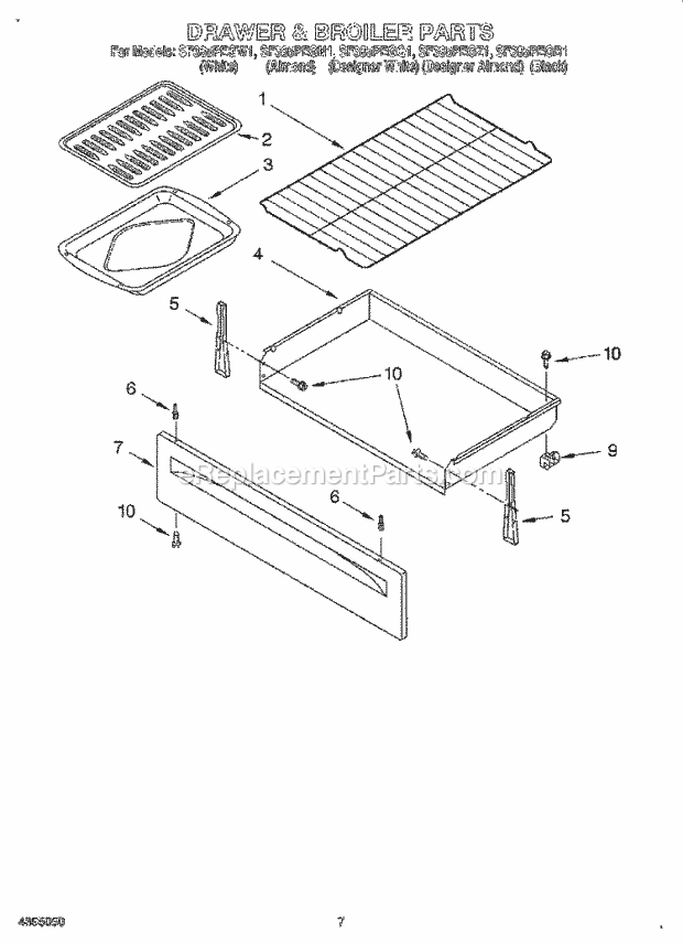 Whirlpool SF385PEGN1 Freestanding Gas Range Drawer and Broiler Diagram