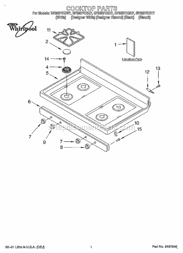 Whirlpool SF385PEGZ7 Freestanding Gas Range Cooktop, Literature Diagram