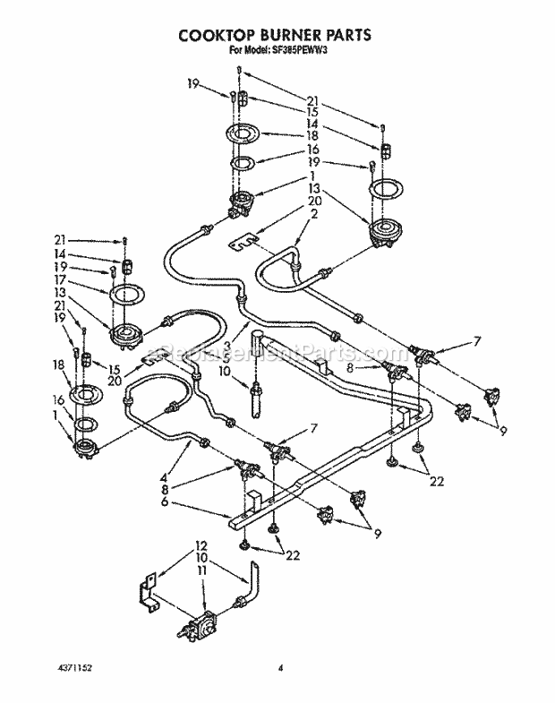 Whirlpool SF385PEWW3 Freestanding Gas Range Cooktop Burner Diagram