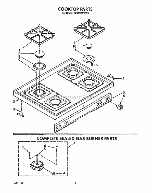 Whirlpool SF385PEWW3 Freestanding Gas Range Cooktop, Complete Sealed Gas Burner Diagram