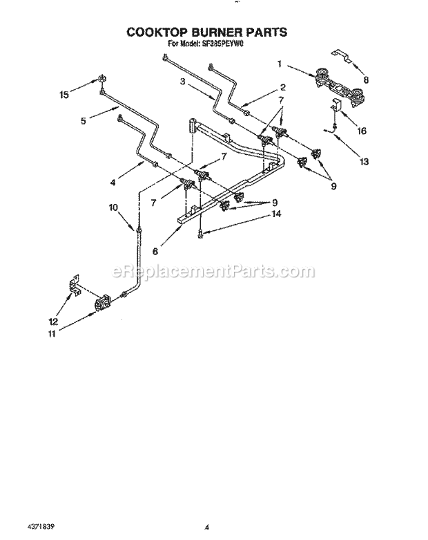 Whirlpool SF385PEYN0 Range Cooktop Burner Diagram