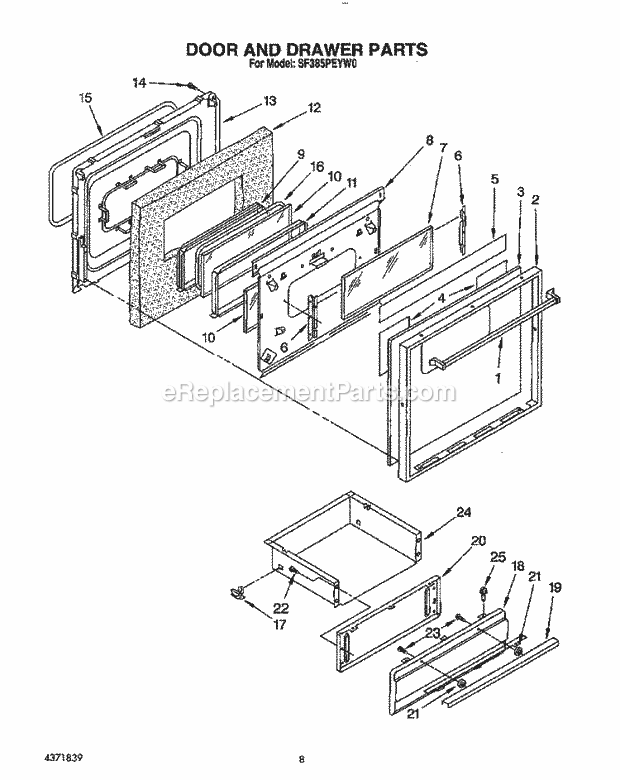 Whirlpool SF385PEYN0 Range Door and Drawer Diagram