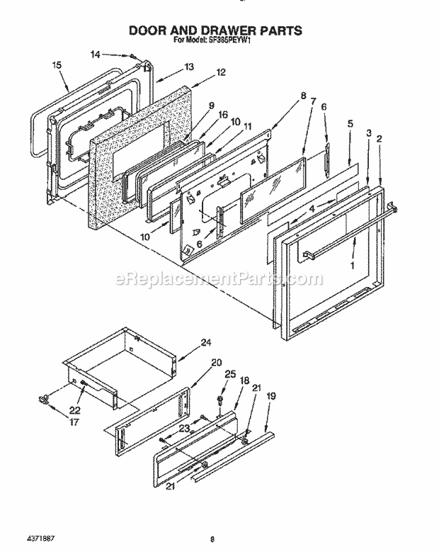 Whirlpool SF385PEYN1 Range Door and Drawer Diagram