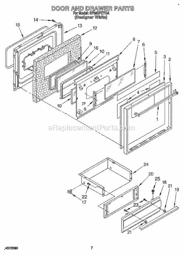 Whirlpool SF385PEYQ4 Gas Range Door and Drawer Diagram