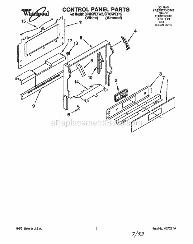 Whirlpool SF385PEYW2 Gas Range Control Panel Diagram