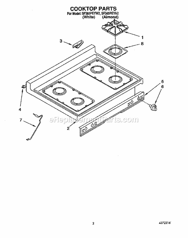 Whirlpool SF385PEYW2 Gas Range Cooktop Diagram