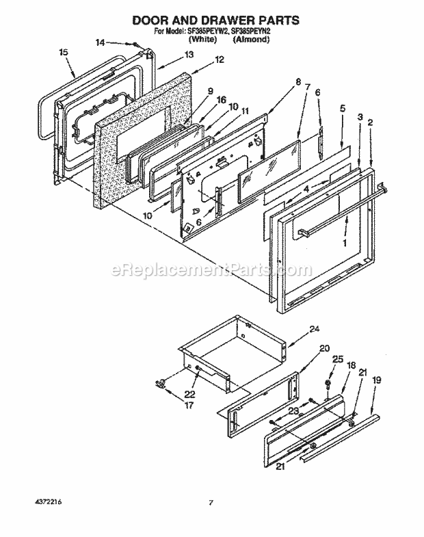 Whirlpool SF385PEYW2 Gas Range Door and Drawer Diagram
