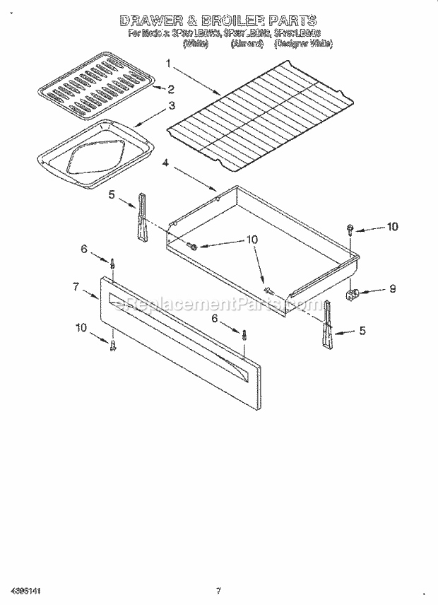 Whirlpool SF387LEGN3 Freestanding Gas Range Drawer & Broiler Diagram
