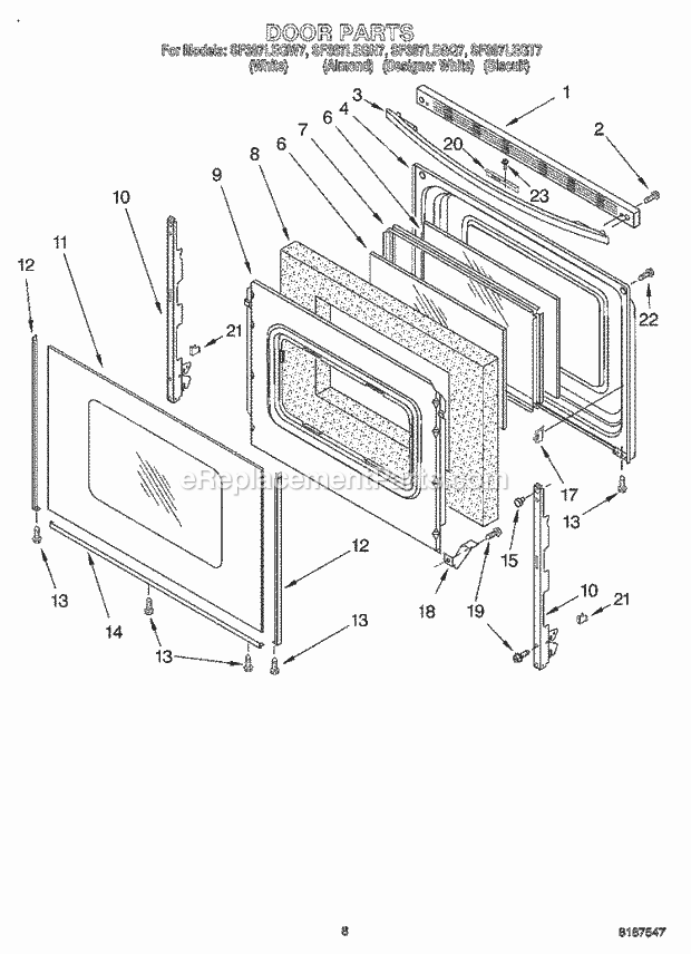 Whirlpool SF387LEGQ7 Freestanding Gas Range Door Diagram