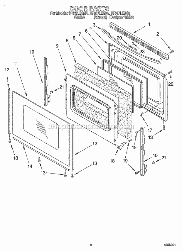 Whirlpool SF387LEGW5 Freestanding Gas Range Door, Optional Diagram