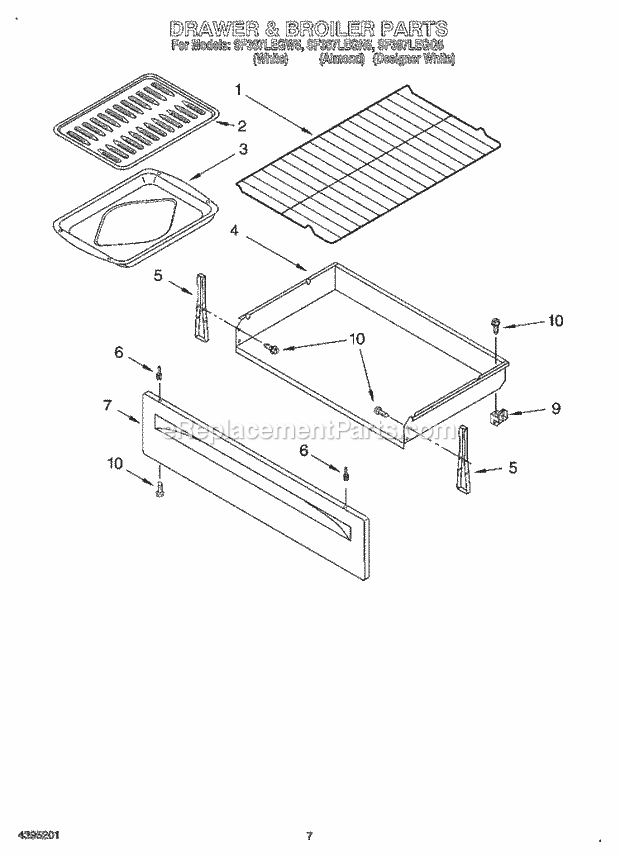 Whirlpool SF387LEGW5 Freestanding Gas Range Drawer and Broiler Diagram